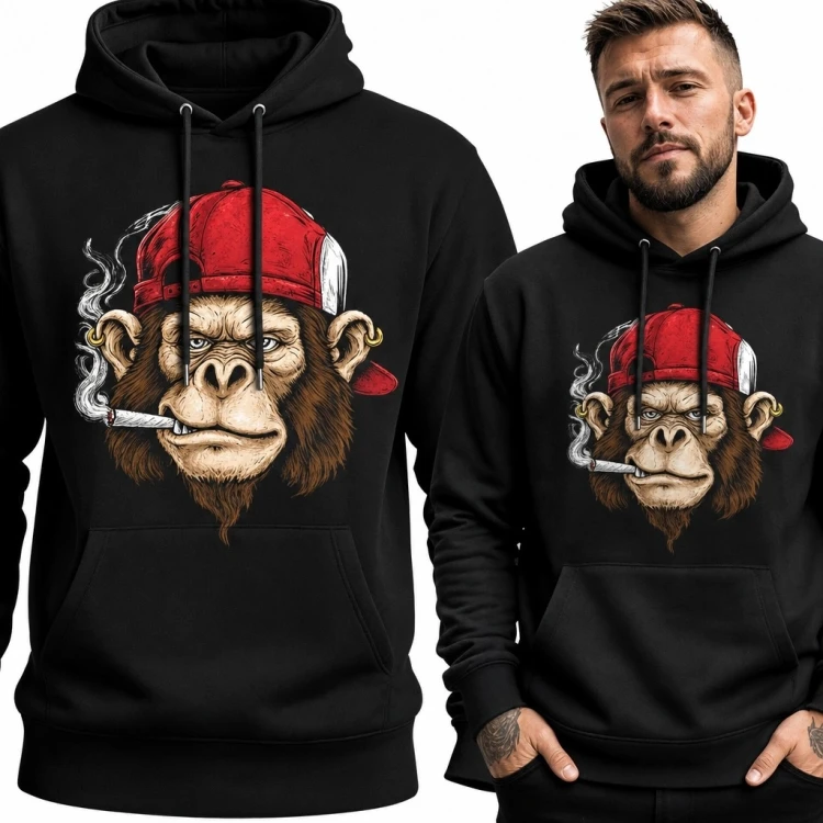 Bluza męska z kapturem z małpą w czerwonej czapce - streetwearowy nadruk