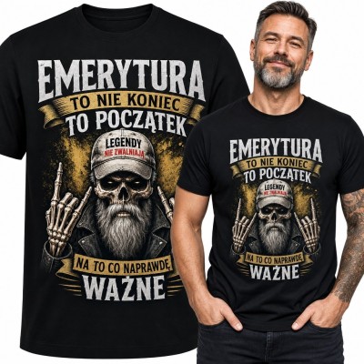 Koszulka męska na emeryturę z brodatą czaszką „Emerytura to nie koniec to początek” - rockowy wzór