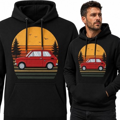Bluza męska z kapturem - czerwony retro hatchback o zachodzie słońca