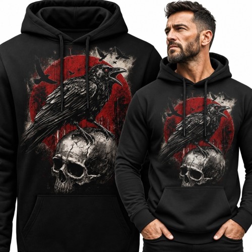 Bluza męska z kapturem z krukiem siedzącym na czaszce - gotycki motyw