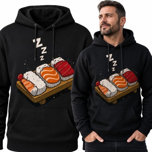Bluza męska z kapturem ze śpiącym sushi - trzy nigiri na desce