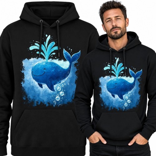 Bluza męska z kapturem - akwarelowy wieloryb z fontanną wody