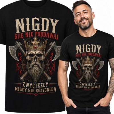 Koszulka męska z czaszką wojownika „Nigdy się nie poddawaj” - nordycki motyw