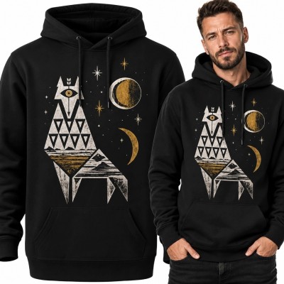 Bluza męska z kapturem - mistyczny geometryczny kot i księżyce