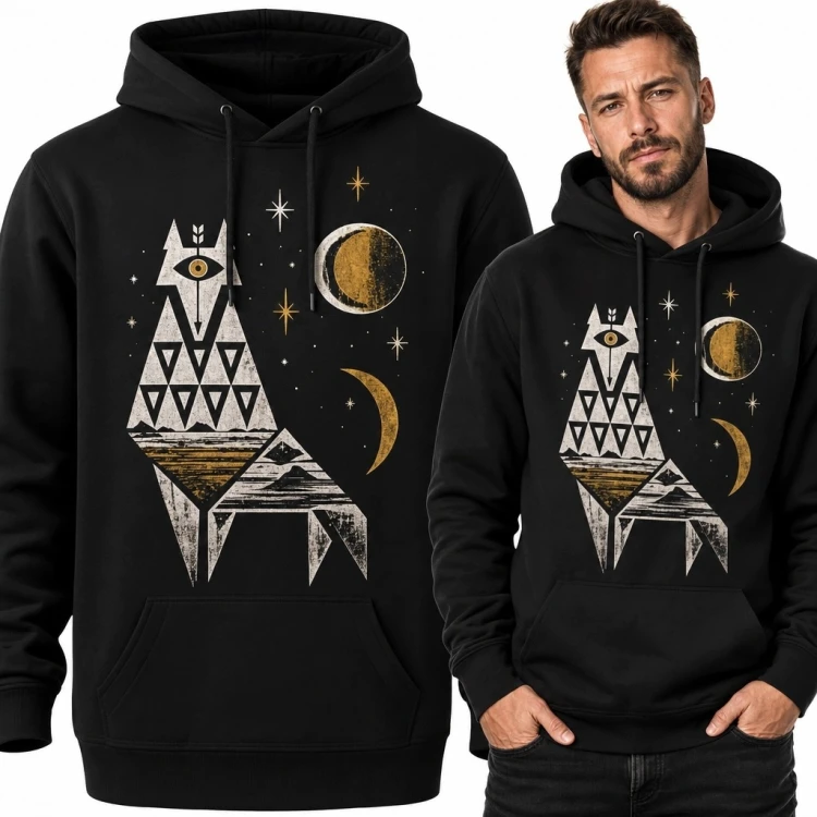 Bluza męska z kapturem - mistyczny geometryczny kot i księżyce
