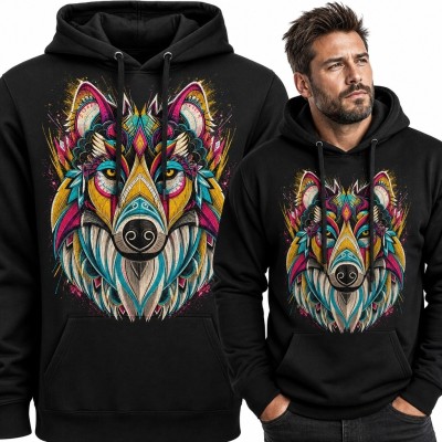 Bluza męska z kapturem - kolorowy geometryczny wilk