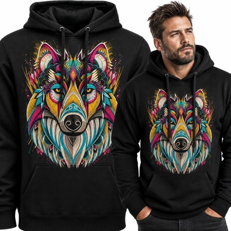 Bluza męska z kapturem - kolorowy geometryczny wilk
