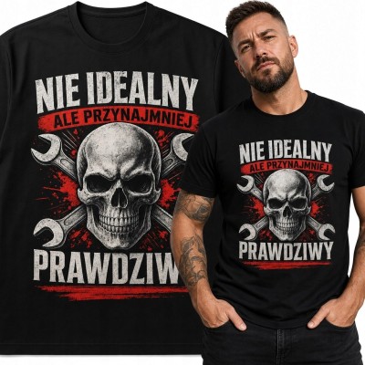 Koszulka męska warsztatowa z czaszką i kluczami „Nie idealny ale przynajmniej prawdziwy”