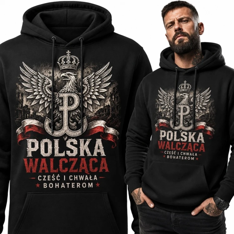 Bluza męska z kapturem „Polska Walcząca” z ukoronowanym orłem i Kotwicą