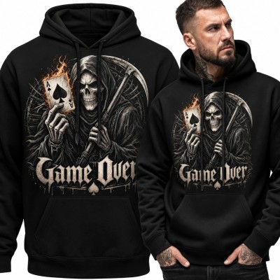 Bluza męska z kapturem „Game Over” - Ponury Żniwiarz i płonący as pik