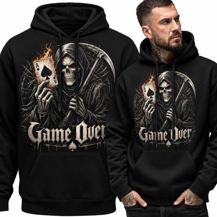 Bluza męska z kapturem „Game Over” - Ponury Żniwiarz i płonący as pik