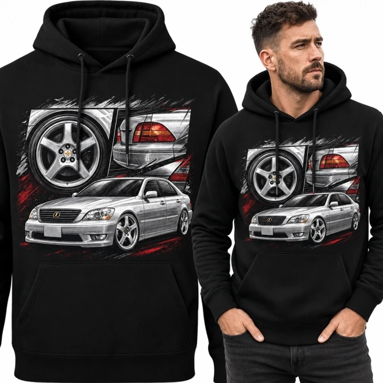Bluza męska z kapturem - sportowy sedan w dynamicznym kolażu