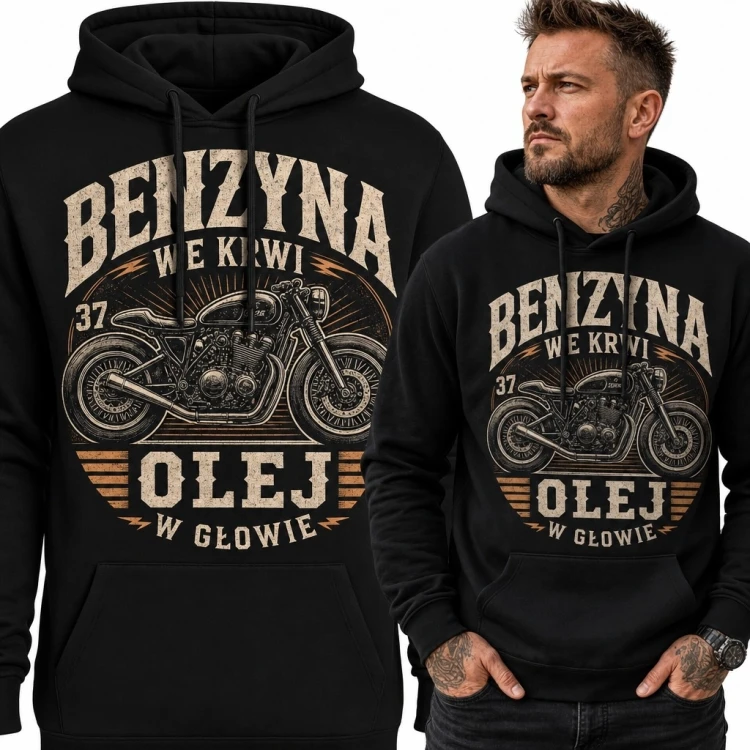 Bluza męska z kapturem dla motocyklisty „Benzyna we krwi, olej w głowie” - retro motocykl