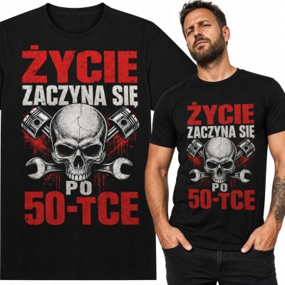 Koszulka męska na 50 urodziny „Życie zaczyna się po 50-tce” - czaszka i tłoki