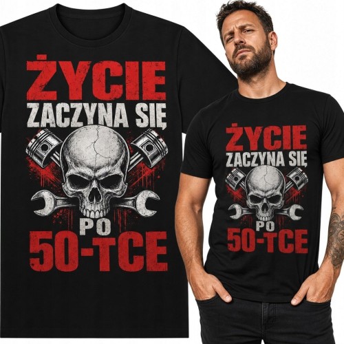 Koszulka męska na 50 urodziny „Życie zaczyna się po 50-tce” - czaszka i tłoki