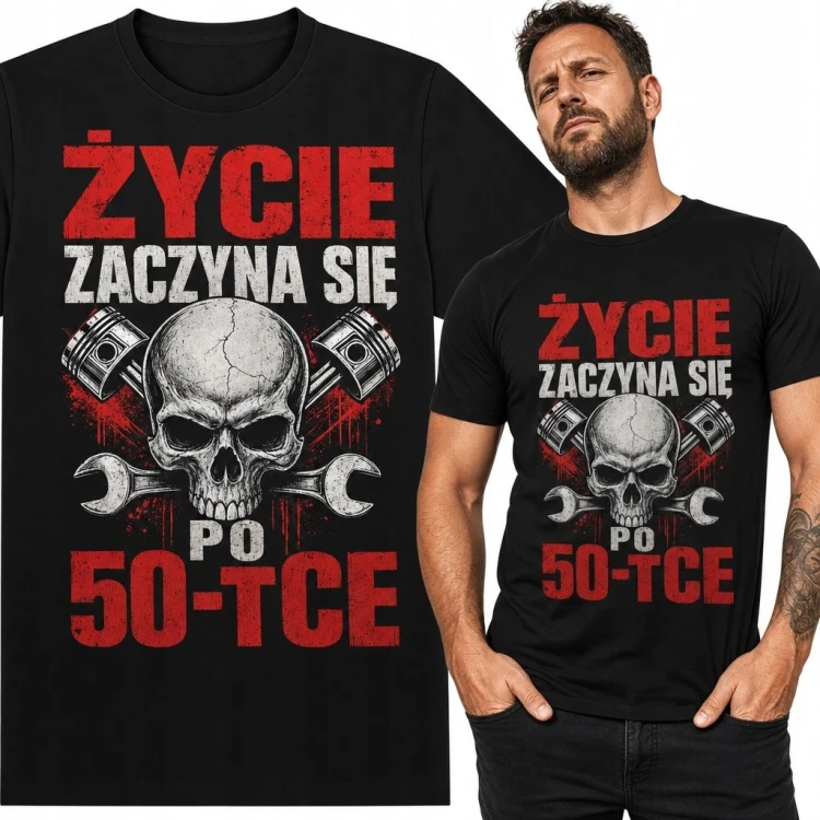 Koszulka męska na 50 urodziny „Życie zaczyna się po 50-tce” - czaszka i tłoki