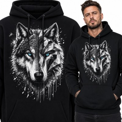 Bluza męska z kapturem - geometryczny wilk z błękitnymi oczami