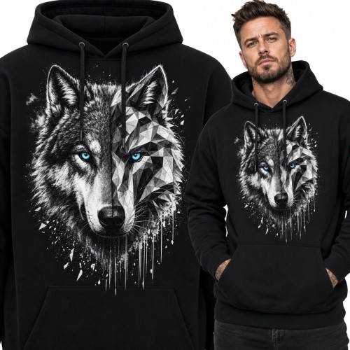 Bluza męska z kapturem - geometryczny wilk z błękitnymi oczami
