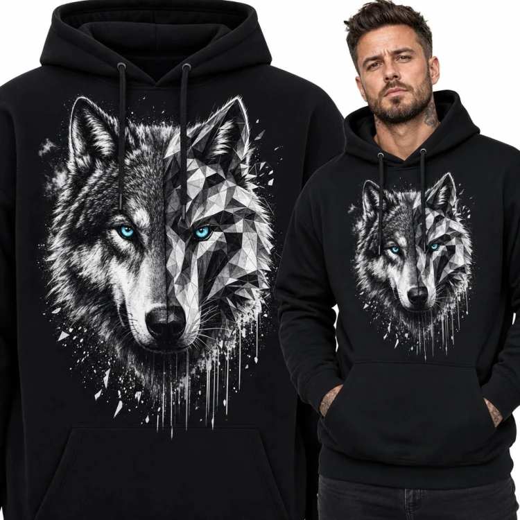 Bluza męska z kapturem - geometryczny wilk z błękitnymi oczami