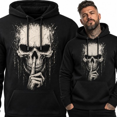 Bluza męska z kapturem z czaszką wykonującą gest ciszy - mroczny grunge