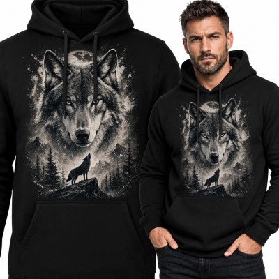 Bluza męska z kapturem - wilk w nocnym górskim lesie