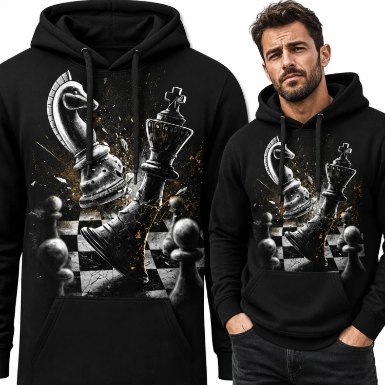 Bluza męska z kapturem z mrocznym motywem szachowym - skoczek i król