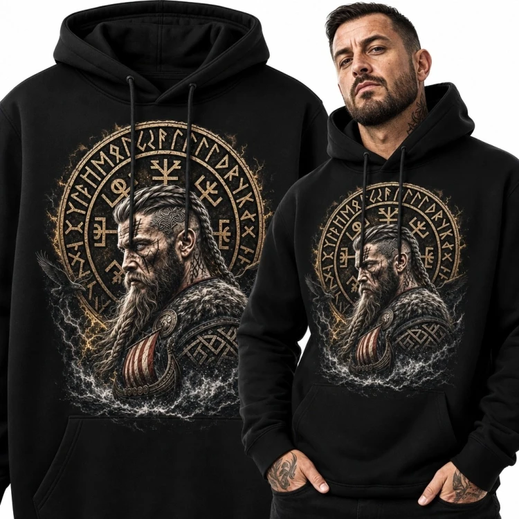 Bluza męska z kapturem - brodaty wiking i stylizowany ornament runiczny