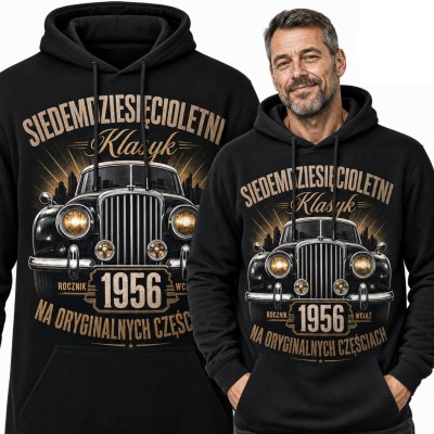 Bluza męska z kapturem z klasycznym samochodem „Siedemdziesięcioletni klasyk” na 70 urodziny - rocznik 1956