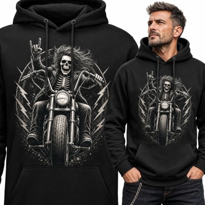 Bluza męska z kapturem - szkielet na motocyklu i gest rogów