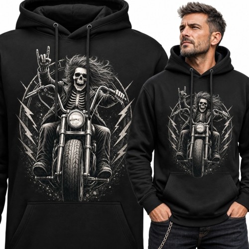 Bluza męska z kapturem - szkielet na motocyklu i gest rogów