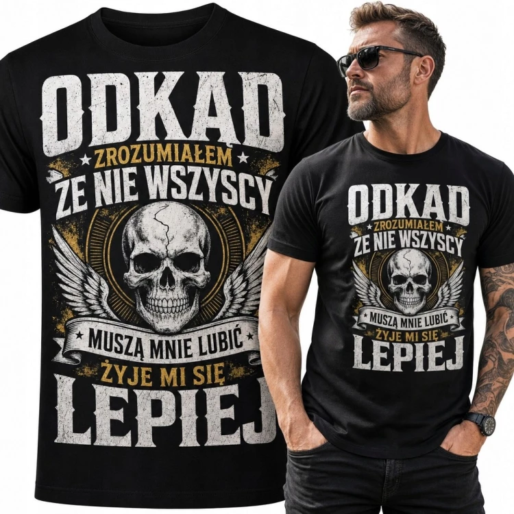 Koszulka męska z czaszką i skrzydłami „Odkąd zrozumiałem, że nie wszyscy muszą mnie lubić, żyje mi się lepiej” - rockowy wzór