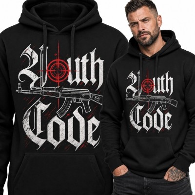 Bluza męska z kapturem „Youth Code” z karabinem i czerwonym celownikiem - militarny streetwear