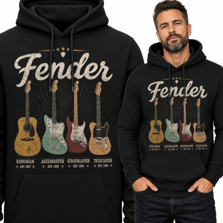Bluza męska z kapturem z gitarami „Fender” - Kingman, Jazzmaster, Stratocaster i Telecaster