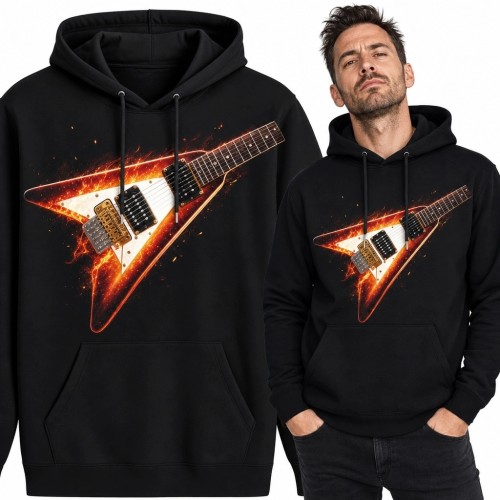 Bluza męska z kapturem z motywem ognistej gitary elektrycznej w kształcie V - rock i metal