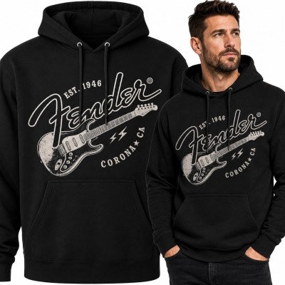 Bluza męska z kapturem z gitarą elektryczną i napisem „Fender” - rockowy styl retro