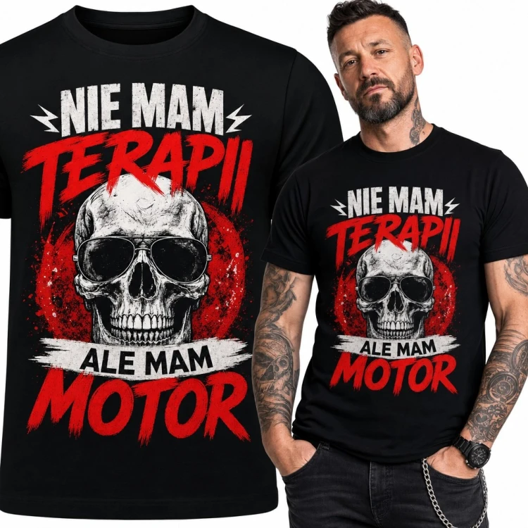 Koszulka męska z czaszką i napisem „Nie mam terapii ale mam motor” - dla motocyklisty