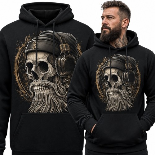 Bluza męska z kapturem z brodatą czaszką w słuchawkach - mroczny motyw muzyczny