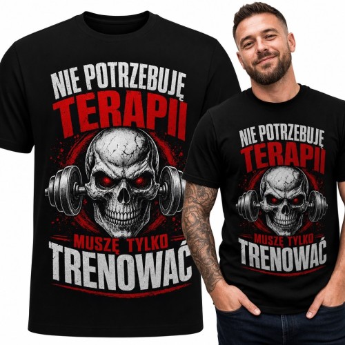 Koszulka męska na siłownię z czaszką i sztangą „Nie potrzebuję terapii, muszę tylko trenować”