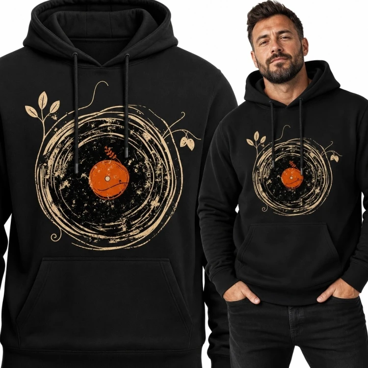 Bluza męska z kapturem - płyta winylowa z roślinnymi pędami w stylu retro