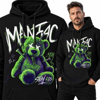 Bluza męska z kapturem z neonowym misiem i napisem „Maniac”