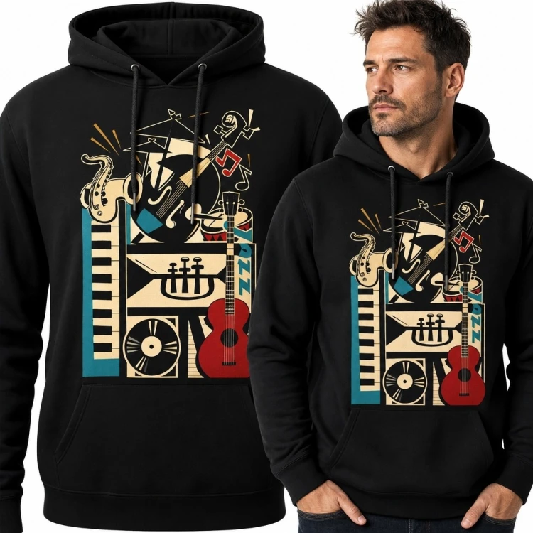 Bluza męska z kapturem z kolażem instrumentów i napisem „Jazz” - styl retro