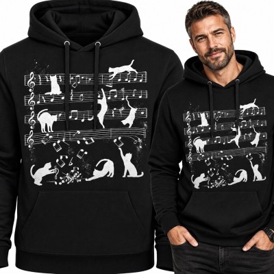 Bluza męska z kapturem z kotami na pięciolinii - muzyczny nadruk