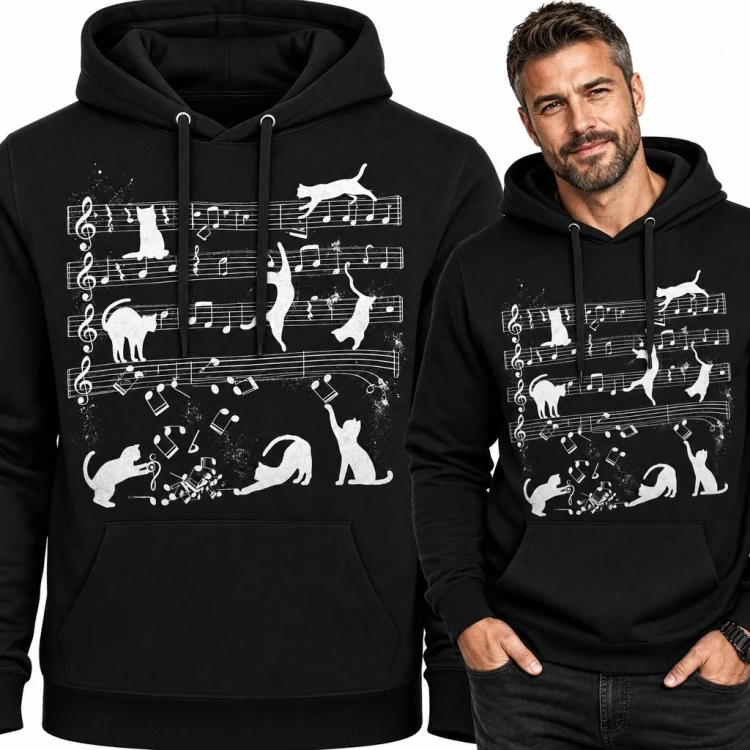 Bluza męska z kapturem z kotami na pięciolinii - muzyczny nadruk