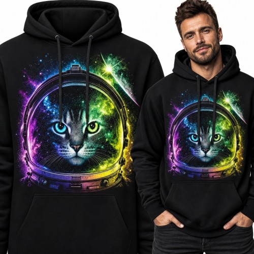 Bluza męska z kapturem - neonowy kot astronauta