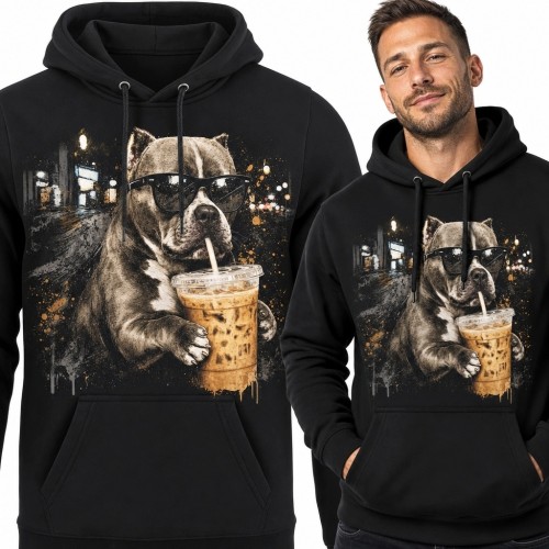 Bluza męska z kapturem - szop w okularach z kawowym napojem