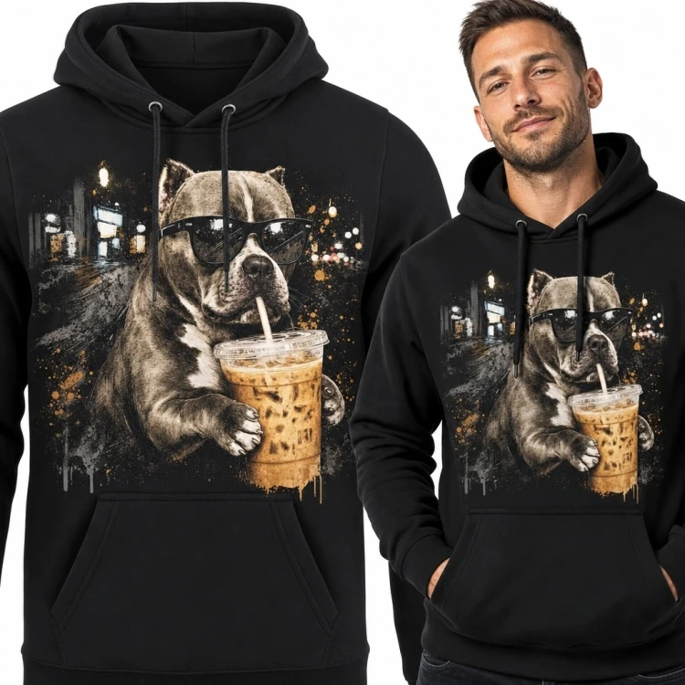 Bluza męska z kapturem - szop w okularach z kawowym napojem