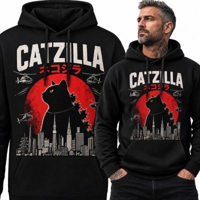 Bluza męska z kapturem z kotem-kaiju „Catzilla” - japoński motyw retro