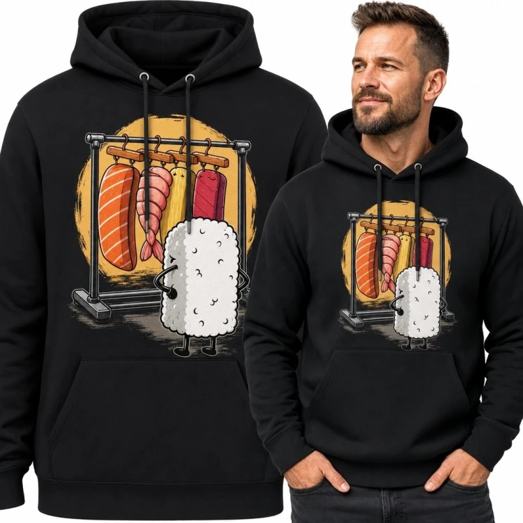 Bluza męska z kapturem - zabawne sushi wybierające rybny składnik
