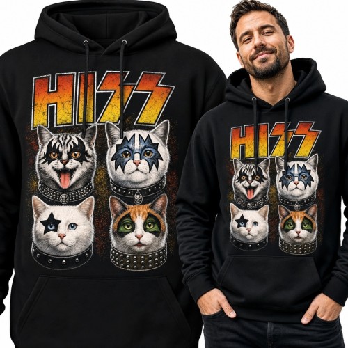 Bluza męska z kapturem „Hiss” - rockowe koty w stylu glam rocka