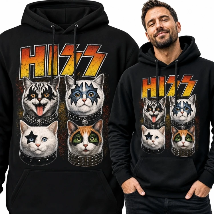Bluza męska z kapturem „Hiss” - rockowe koty w stylu glam rocka
